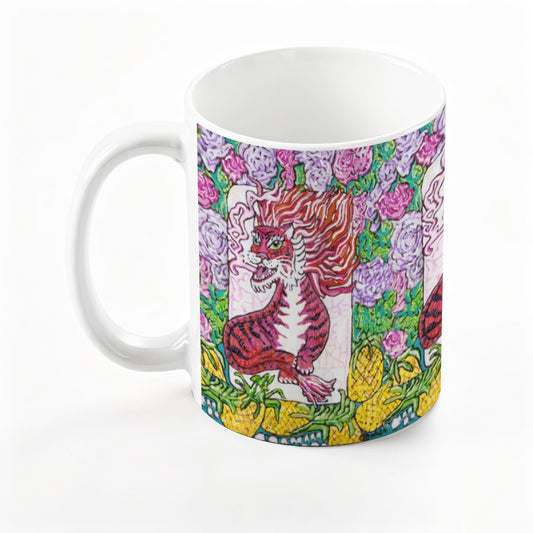A mug with a Red Dragon Mahjong Tile from Trail East Studio
