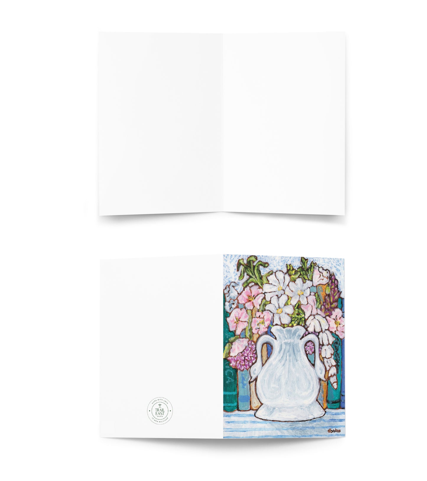 A greeting card set from Trail East Studio featuring a charming painting of an antique swan vase filled with delicate florals for your Mahjong Room.
