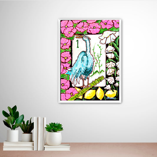 A beautiful painting of a heron among flowers and lemons inspired by a vintage Bird Bam Mahjong Tile is perfect art for a Mahjong Game Room.