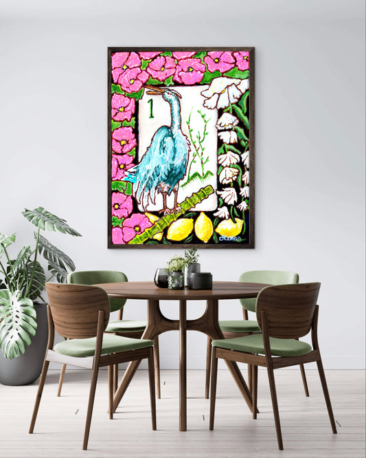 A beautiful painting of a heron among flowers and lemons inspired by a vintage Bird Bam Mahjong Tile is perfect art for a Mahjong Game Room.