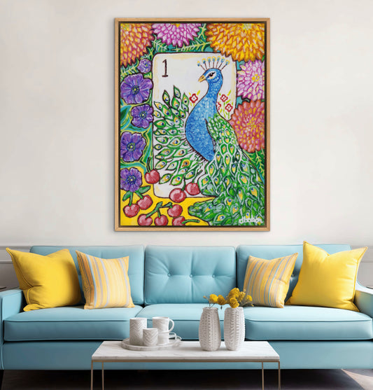 A colorful Bird Bam Mahjong Tile paintng featuring a peacock with anemone flowers, dahlia flowers and cherries. This art is perfect for a mahjong room.