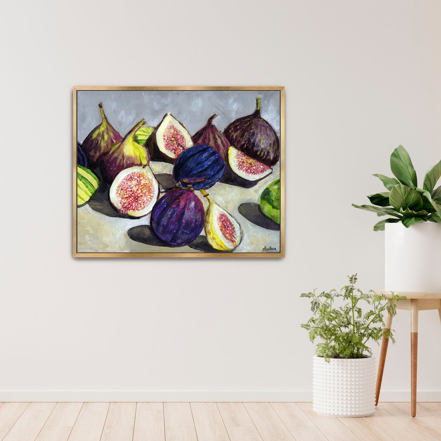 A still life painting of figs with rich fall hues such as plums, greens, and bright pinks.