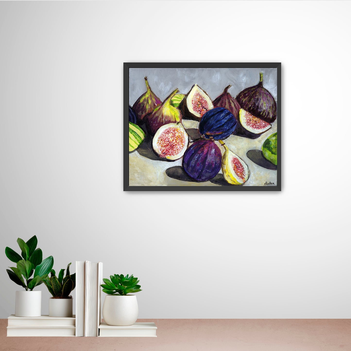 A still life painting of figs with rich fall hues such as plums, greens, and bright pinks.