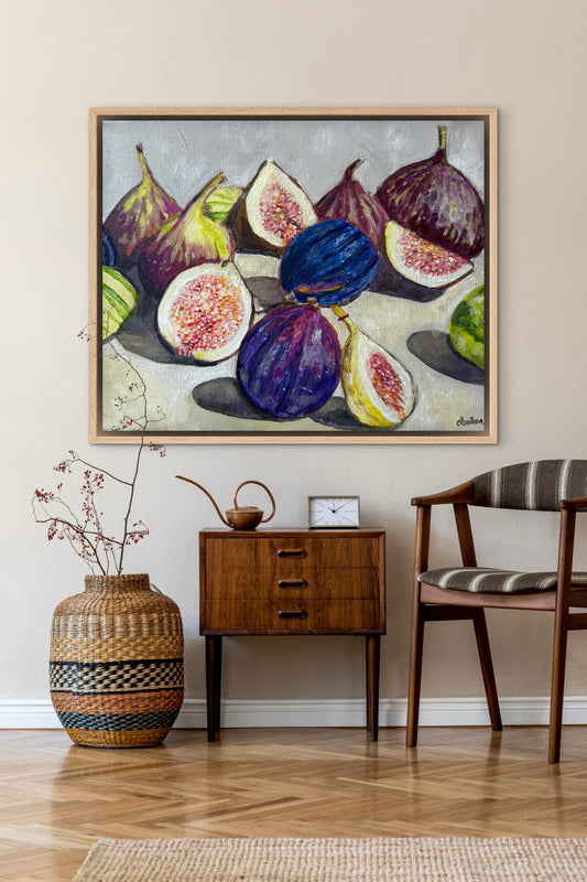A still life painting of figs with rich fall hues such as plums, greens, and bright pinks.