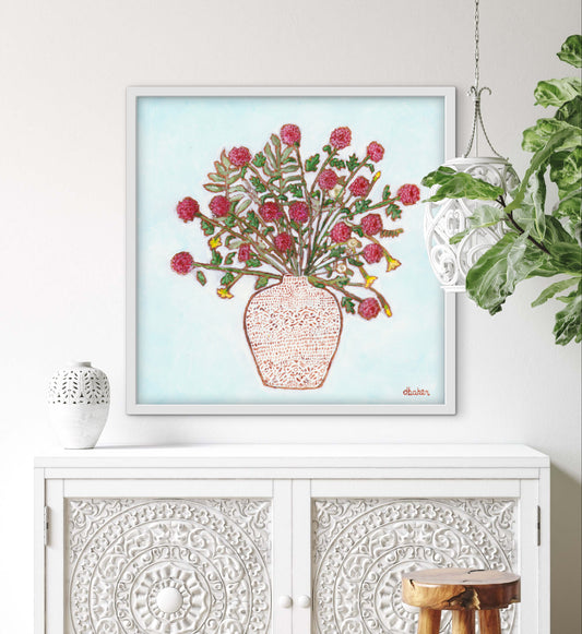 A painting of red dahlias in a textured white vase