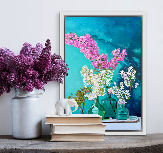A still life painting of lilacs in blue and green glass bottles.