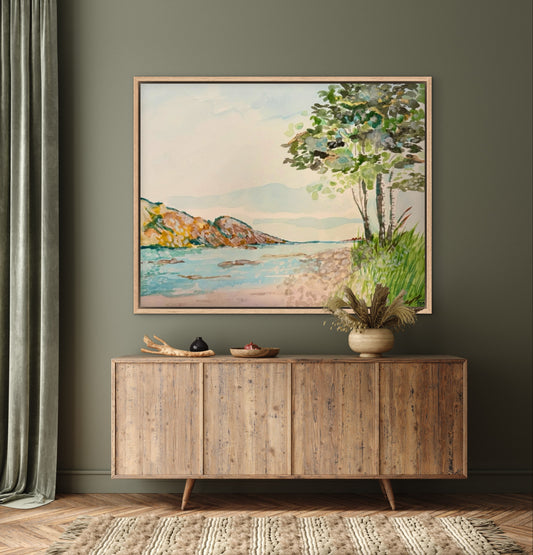 A painting that shows a stretch of beach on Lake Superior along the Porcupine Mountains in Michigan’s Upper Peninsula.