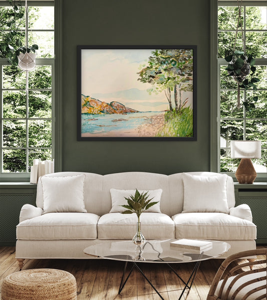 A painting that shows a stretch of beach on Lake Superior along the Porcupine Mountains in Michigan’s Upper Peninsula.