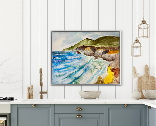 A colorful painting of the Big Sur coastline in California.
