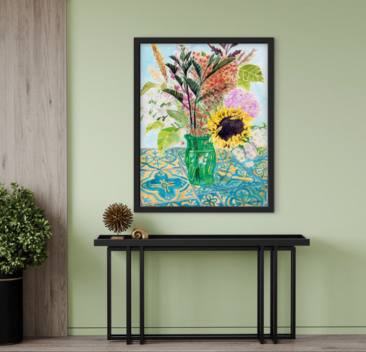 This vibrant painting captures the charm of a freshly gathered bouquet, arranged in a simple green glass vase.