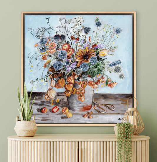 A warm and textured still life painting of autumn blooms and lantern flowers.From Trail East Studio in Ada Michigan