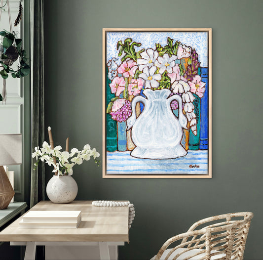 A charming painting of an antique swan vase filled with delicate florals for your Mahjong Room.