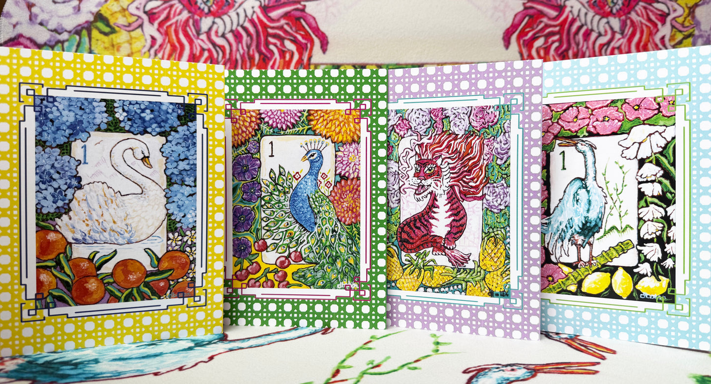 A mahjong themed greeting card set from trail east studio featuring bird bam tiles and a red dragon