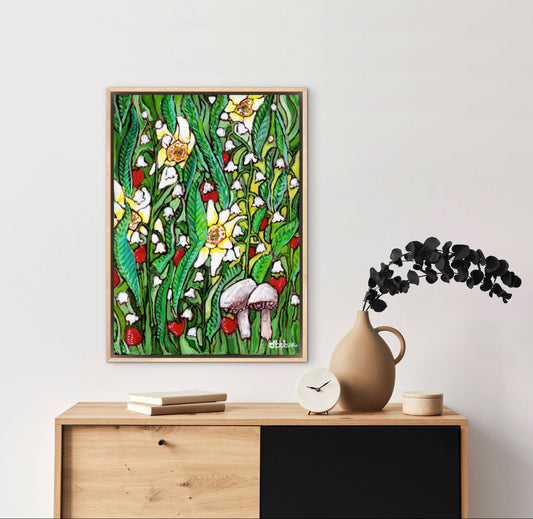 A painting of a summer field with daffodils, Lilly of the valley flowers, strawberries and mushrooms