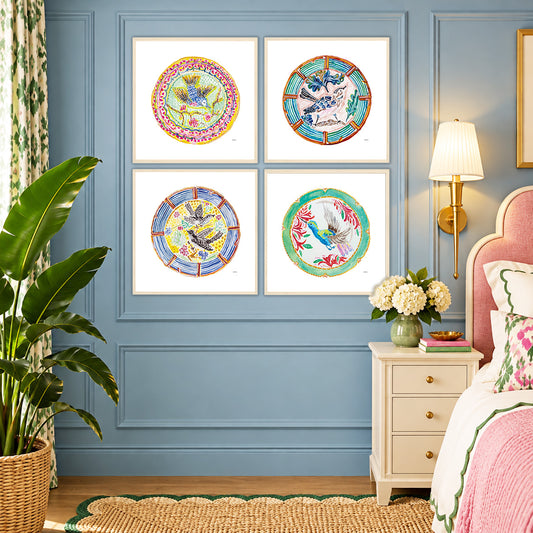 The Pretty Plate Series of paintings by Deb Baker at Trail East Studio In Ada Michigan featuring antique bird plates with a bluebird, wren, blackbirds, and a hummingbird. The perfect art for a Mahjong Game Room.