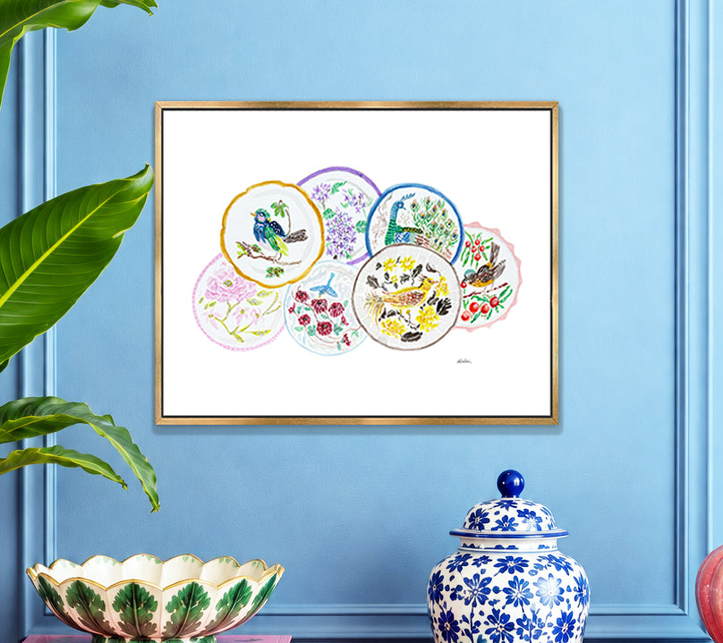 The Pretty Plate Series of paintings by Deb Baker at Trail East Studio In Ada Michigan featuring antique bird plates with a bluebird, wren, blackbirds, and a hummingbird. The perfect art for a Mahjong Game Room.