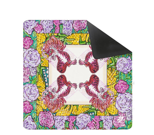 A beautiful and colorful mahjong mat featuring a red dragon with roses and pineapples.