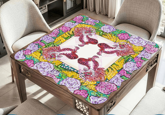 A beautiful floral Mahjong Mat featuring a Red Dragon, Roses and Pineapples.