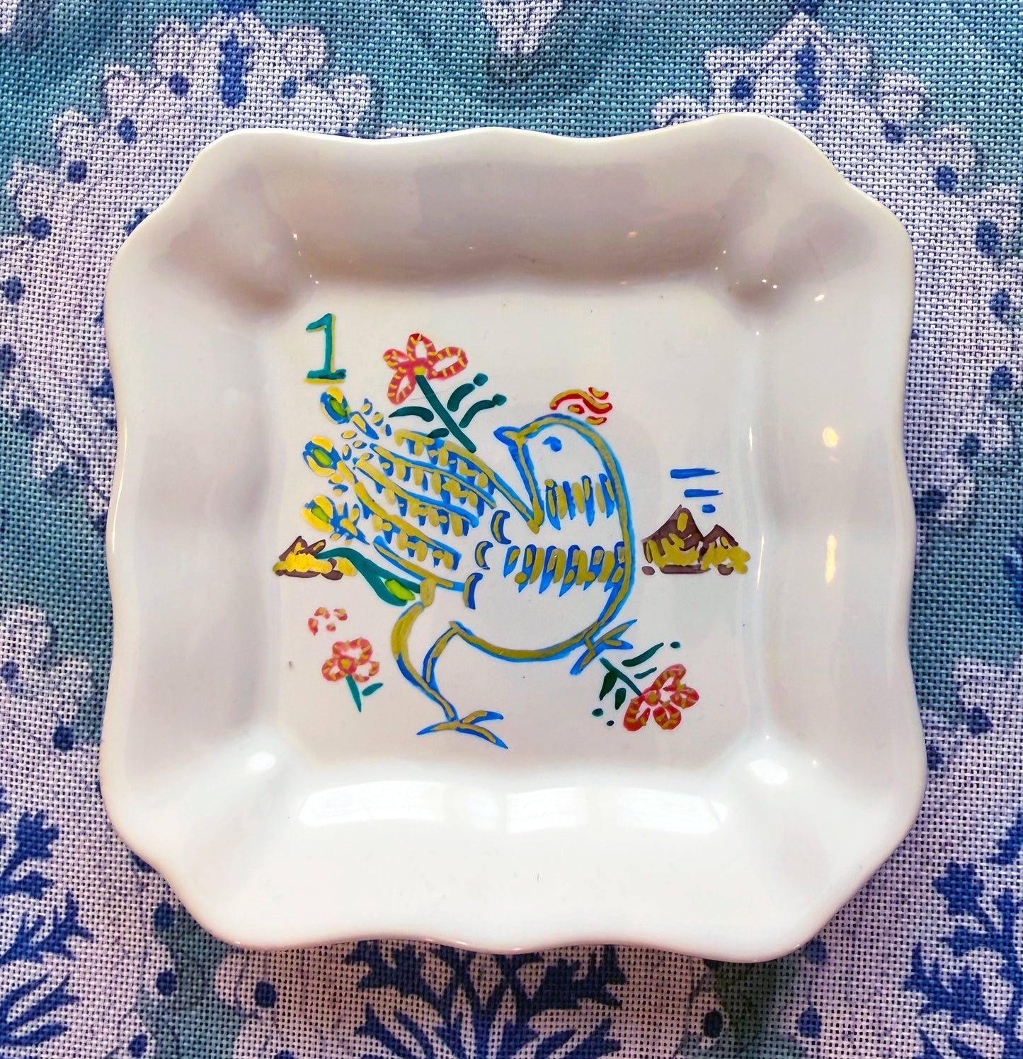 A bird bam mahjong trinket tray. Each one-of-a-kind trinket tray is lovingly hand-painted by Deb Baker of Trail East Studio.