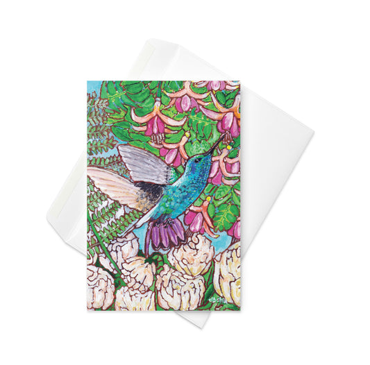 A greeting card from Trail East Studio featuring a painting of a hummingbird with peonies and fuchsia flowers
