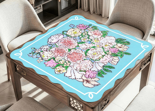 A scalloped mahjong mat featuring an original painting of Juliet roses and peonies.