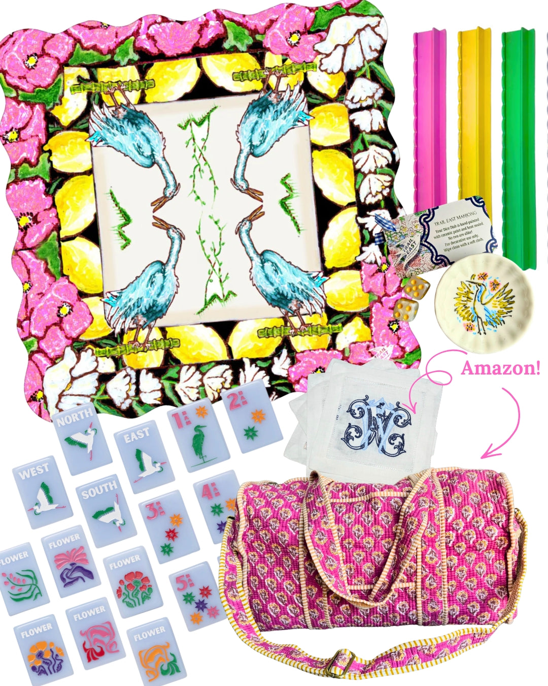 Mahjong Tablescape Styling for Original Painting Mahjong Mat Bird Bam I: The Heron