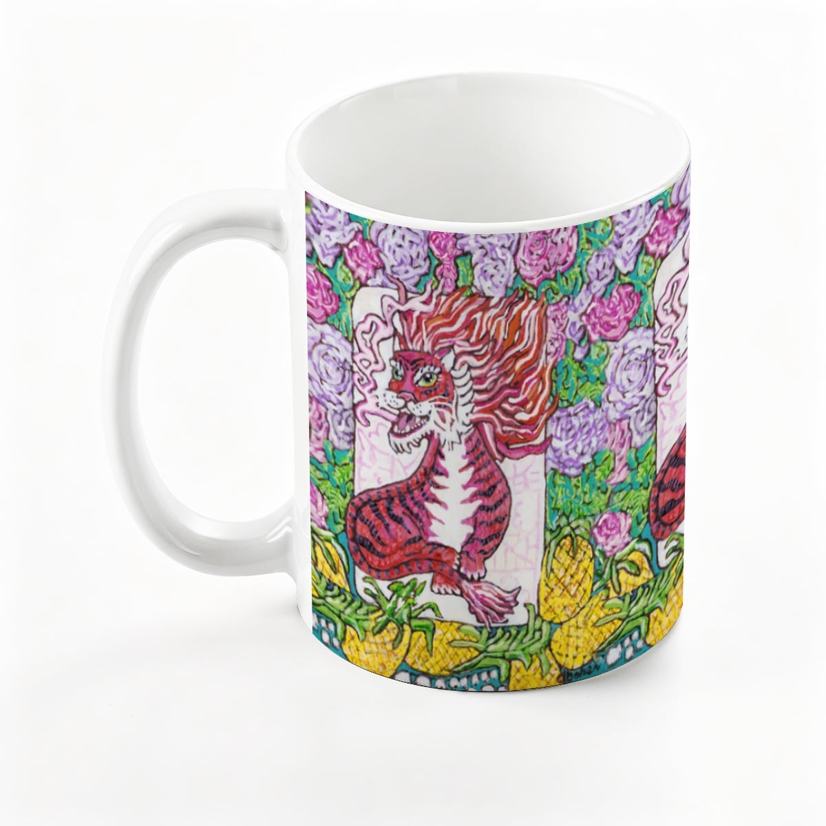 A mug with a Red Dragon Mahjong Tile from Trail East Studio