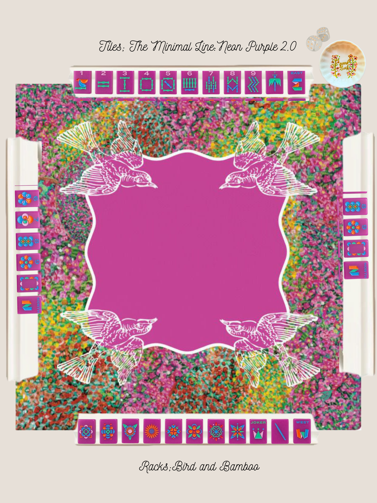 An Original Painting Mahjong Mat featuring Linoleum Cut Birds printed on colorful mums.