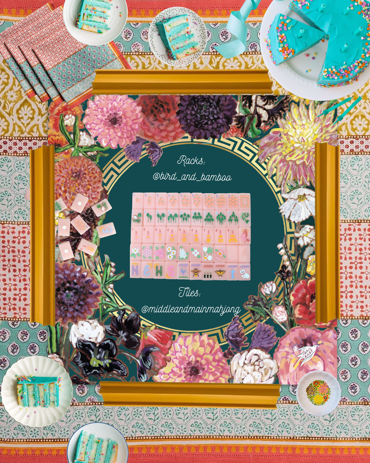 A table styled with Original Art Majestic Blooms mat from Trail East Studio in Ada Michigan