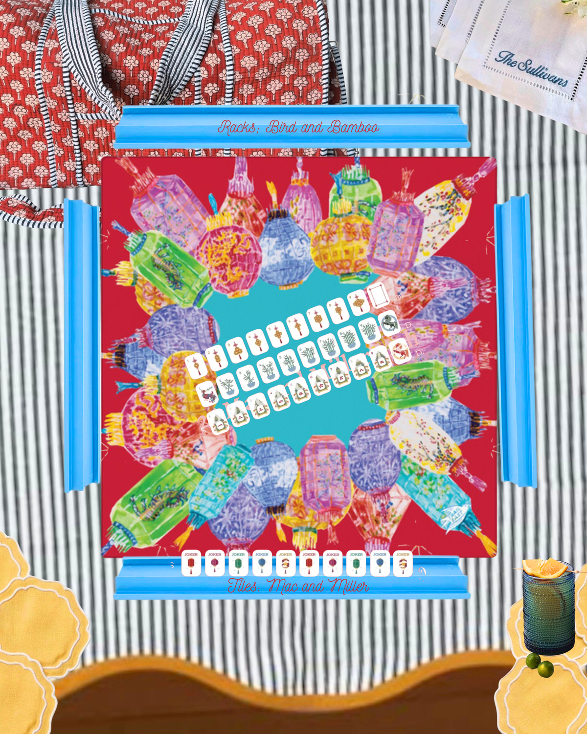 An original painting mahjong mat featuring vintage paper lanterns from Trail East Studio in Ada Michigan