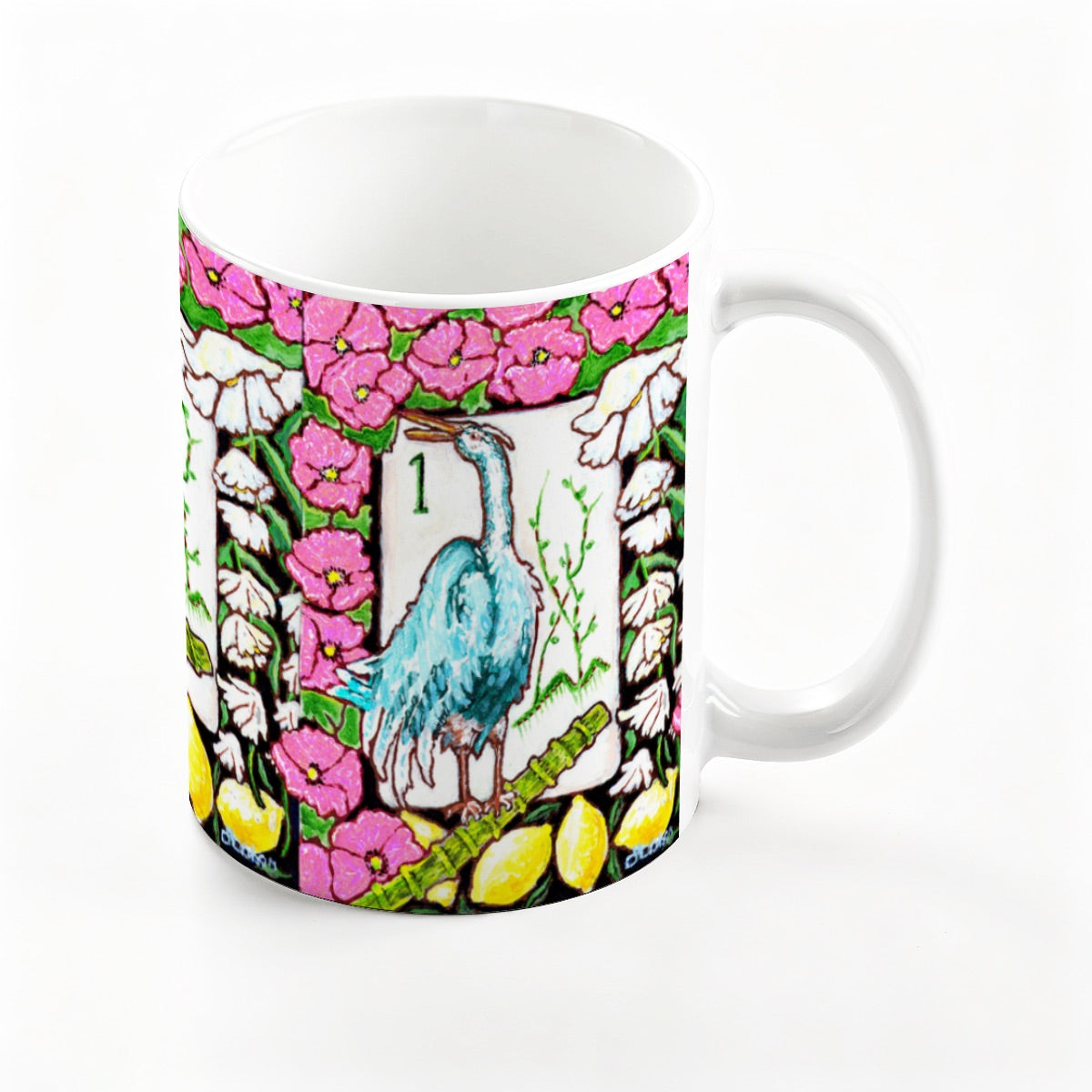 A Mahjong Themed Bird Bam Heron Tile mug from Trail East Studio