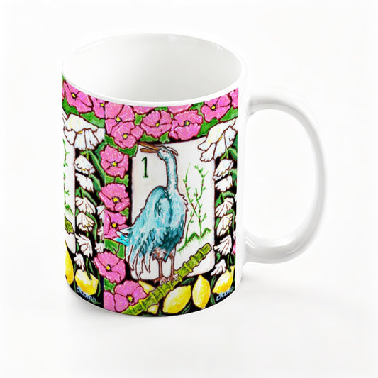 A Mahjong Themed Bird Bam Heron Tile mug from Trail East Studio