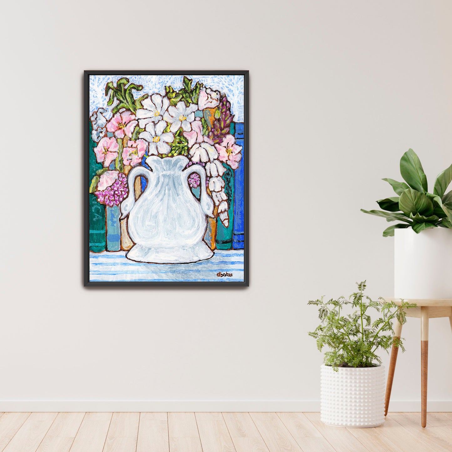 A charming painting of an antique swan vase filled with delicate florals for your Mahjong Room.