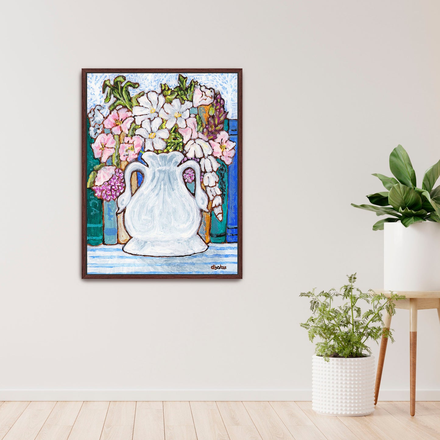 A charming painting of an antique swan vase filled with delicate florals for your Mahjong Room.