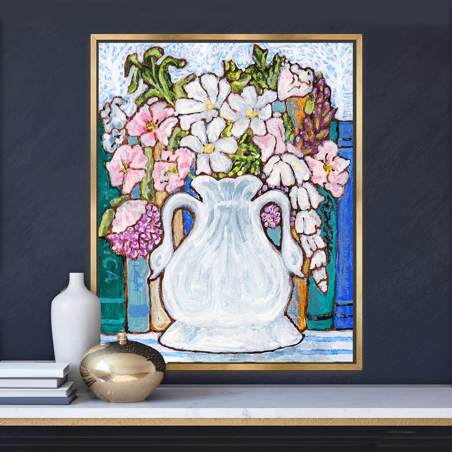 A charming painting of an antique swan vase filled with delicate florals for your Mahjong Room.