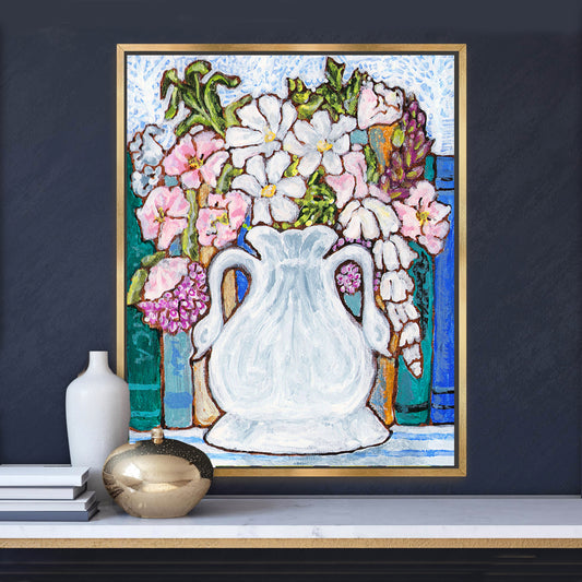 A charming painting of an antique swan vase filled with delicate florals for your Mahjong Room.