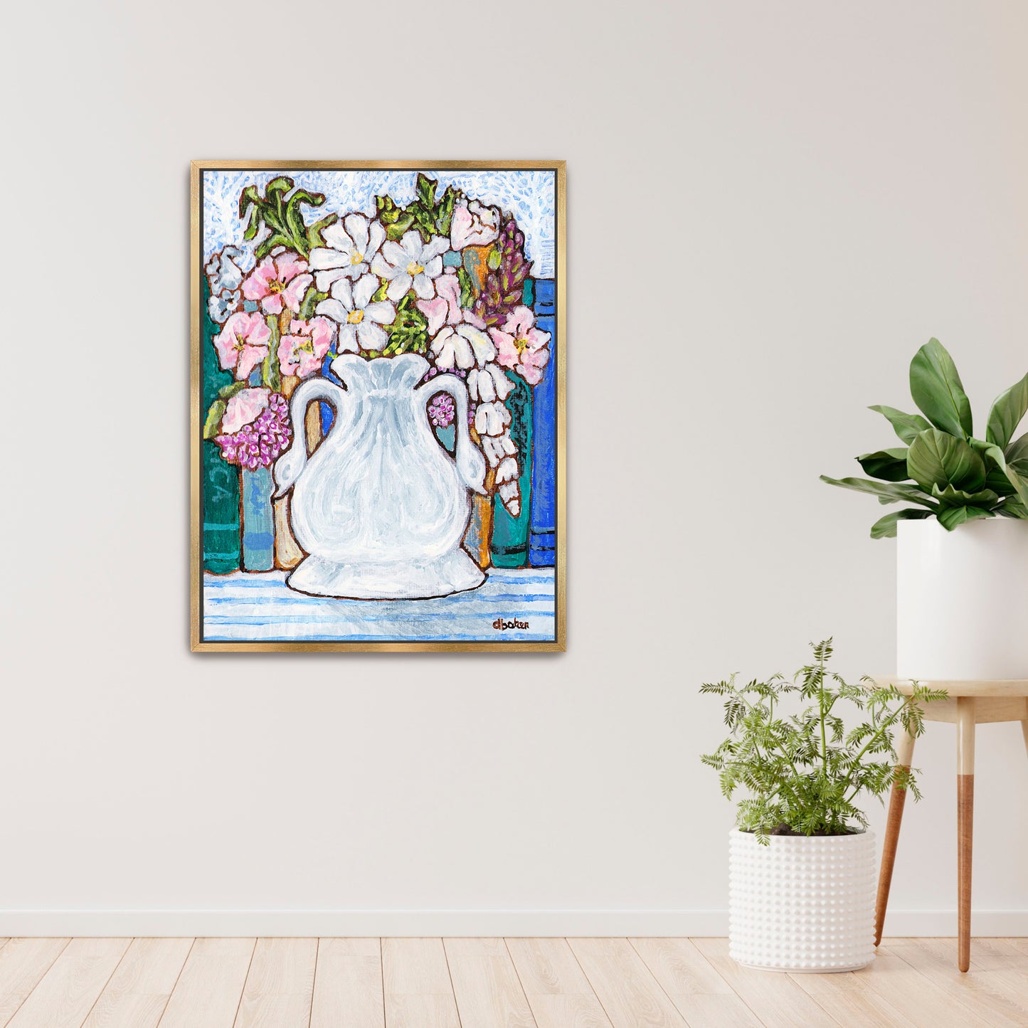 A charming painting of an antique swan vase filled with delicate florals for your Mahjong Room.