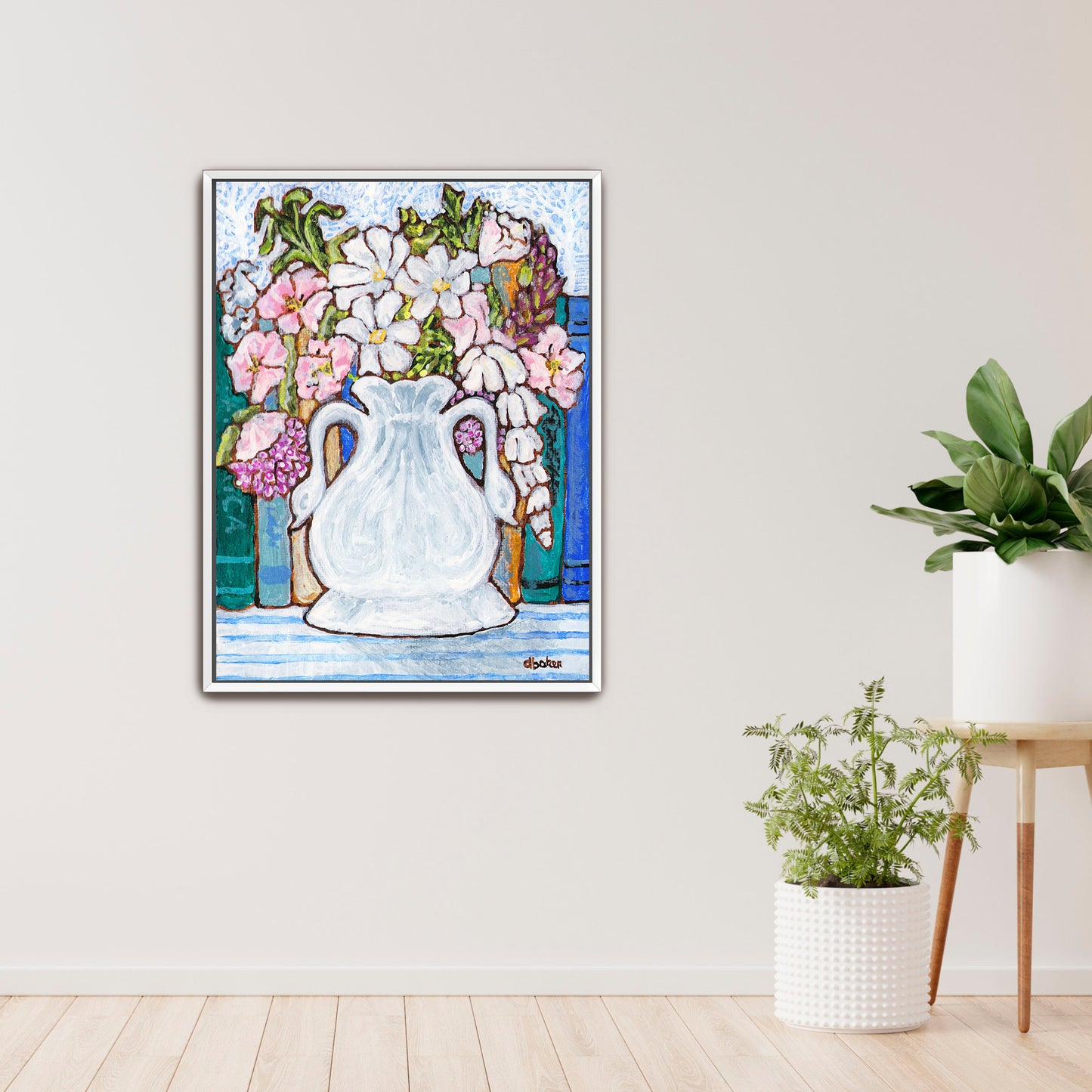 A charming painting of an antique swan vase filled with delicate florals for your Mahjong Room.
