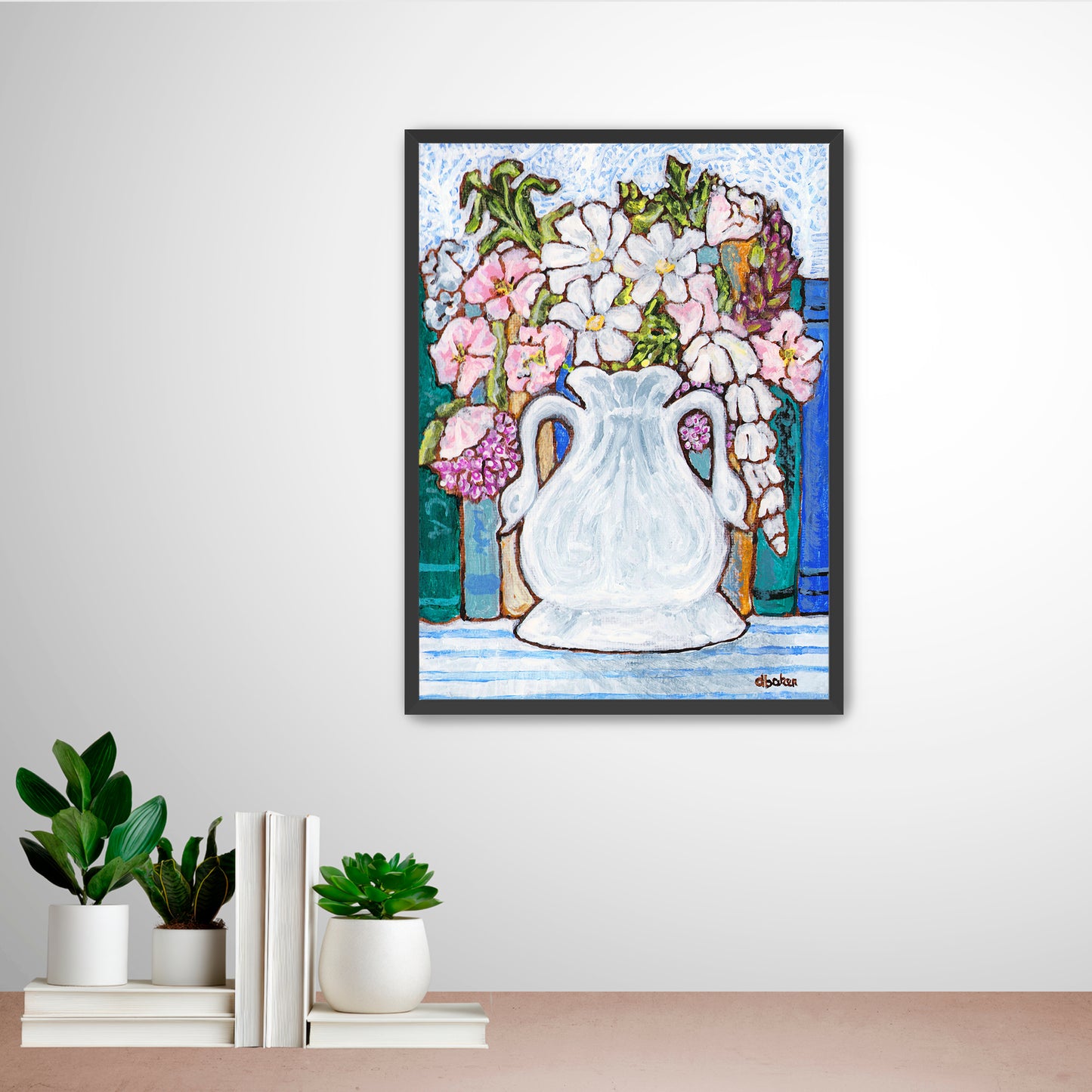A charming painting of an antique swan vase filled with delicate florals for your Mahjong Room.