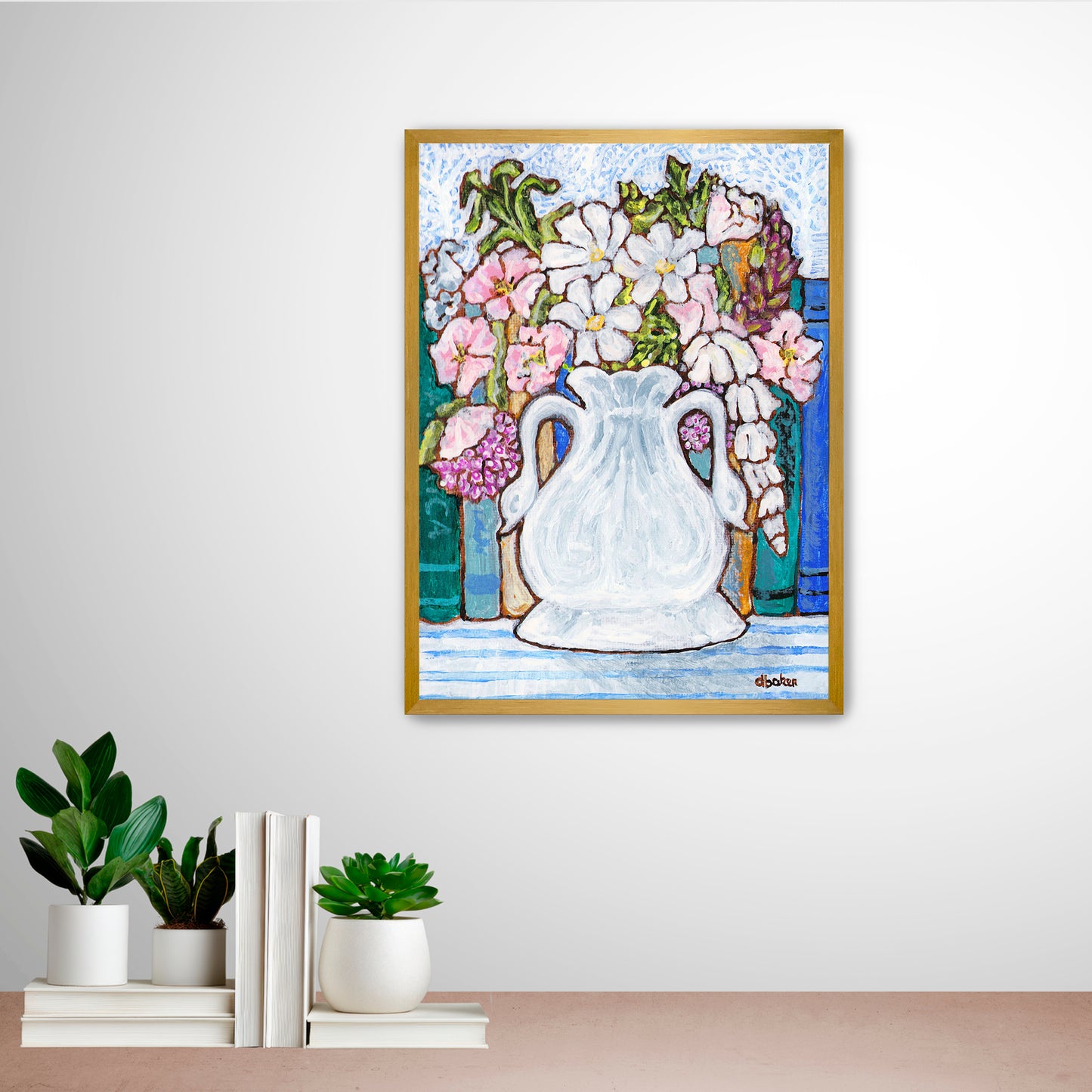 A charming painting of an antique swan vase filled with delicate florals for your Mahjong Room.
