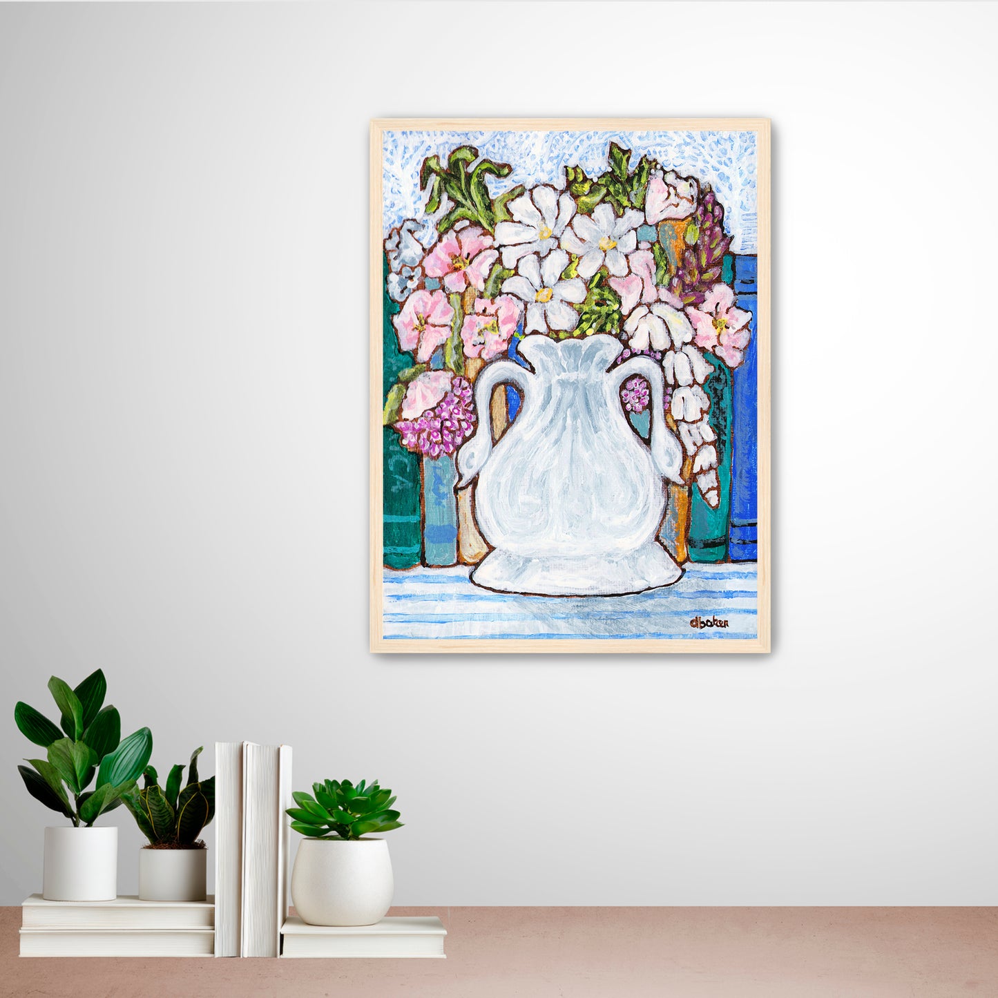 A charming painting of an antique swan vase filled with delicate florals for your Mahjong Room.