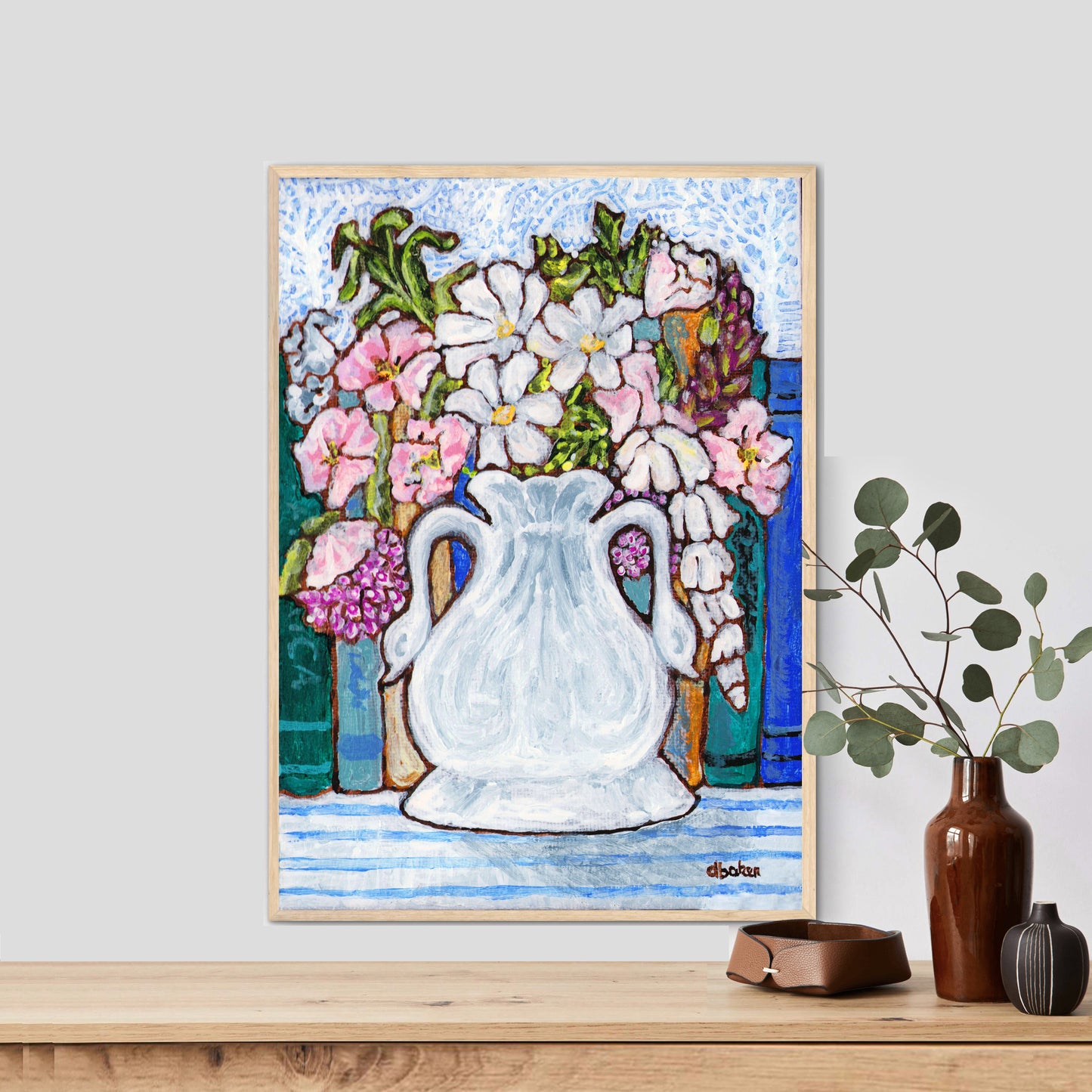 A charming painting of an antique swan vase filled with delicate florals for your Mahjong Room.