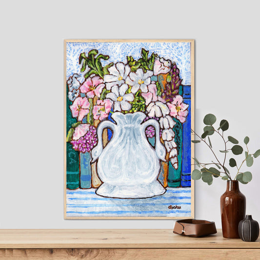 A charming painting of an antique swan vase filled with delicate florals for your Mahjong Room.