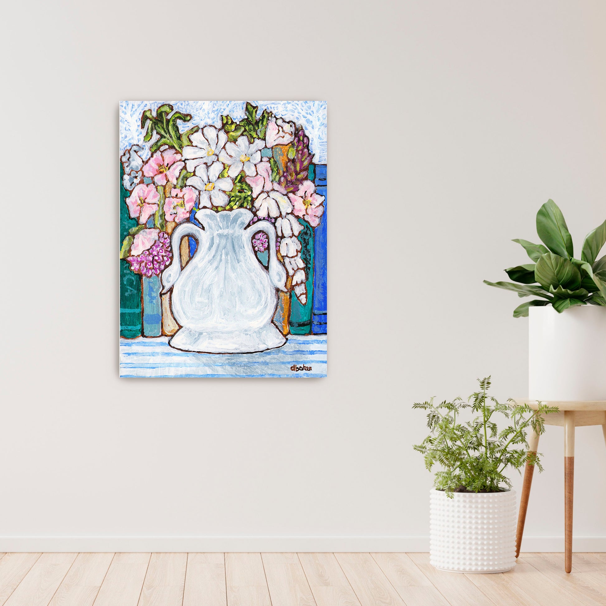 A charming painting of an antique swan vase filled with delicate florals for your Mahjong Room.