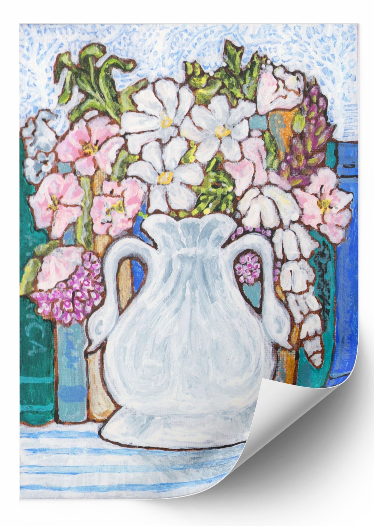 A charming painting of an antique swan vase filled with delicate florals for your Mahjong Room.