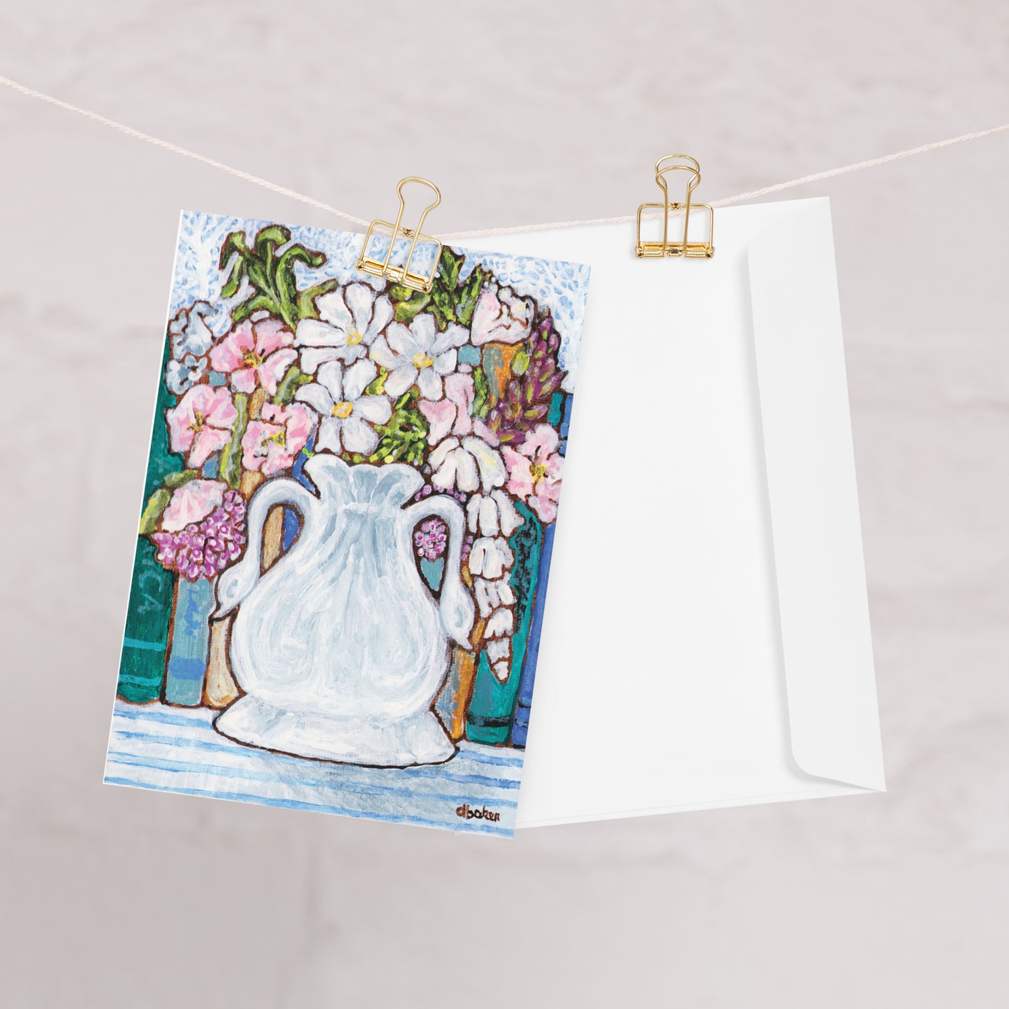 A greeting card set from Trail East Studio featuring a  charming painting of an antique swan vase filled with delicate florals for your Mahjong Room.