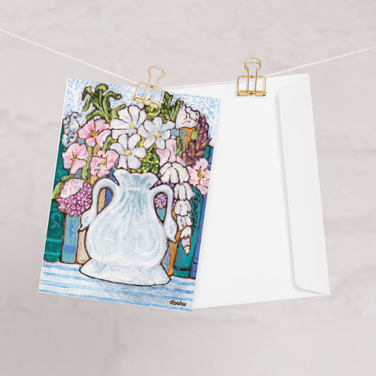 A greeting card set from Trail East Studio featuring a  charming painting of an antique swan vase filled with delicate florals for your Mahjong Room.