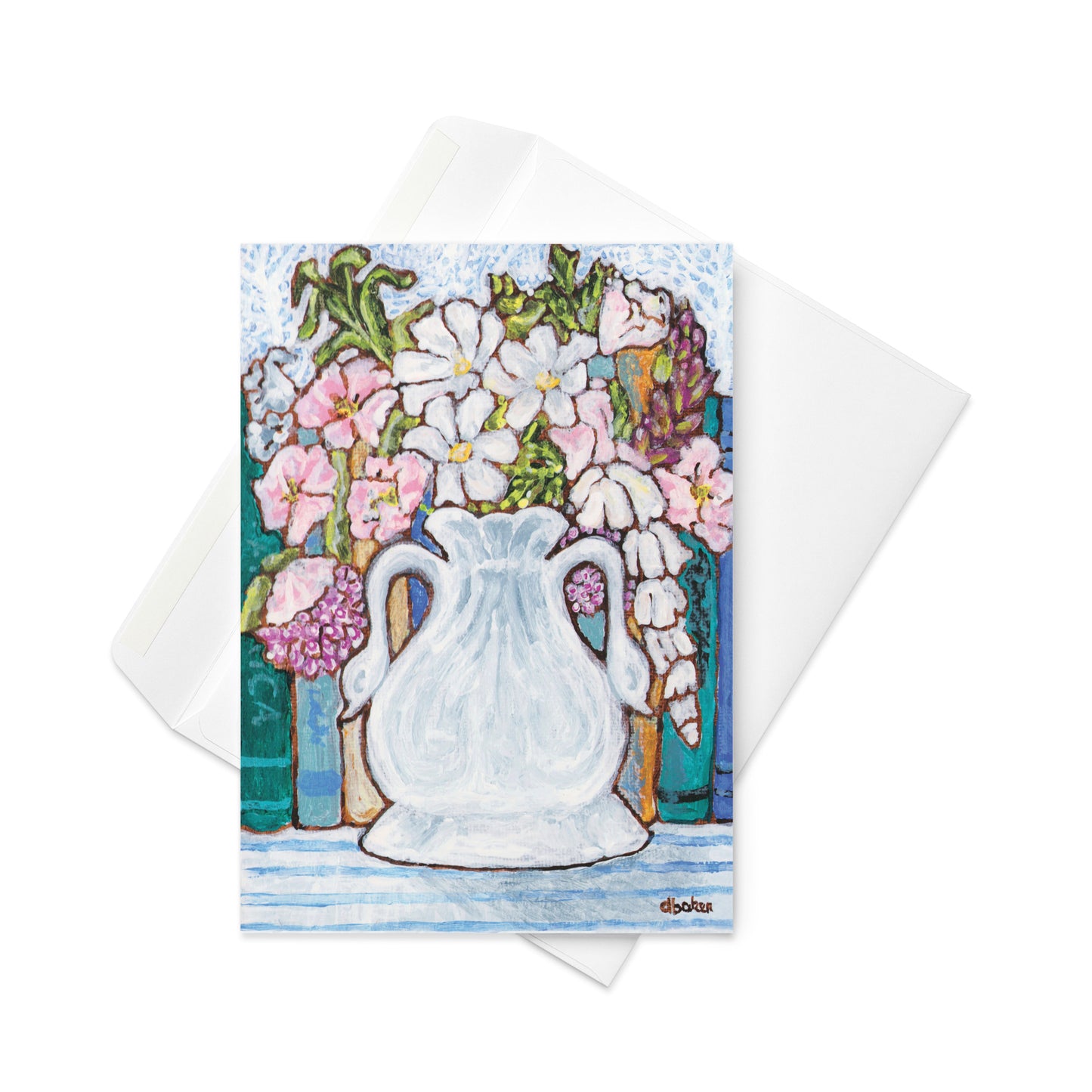 A greeting card set from Trail East Studio featuring a  charming painting of an antique swan vase filled with delicate florals for your Mahjong Room.