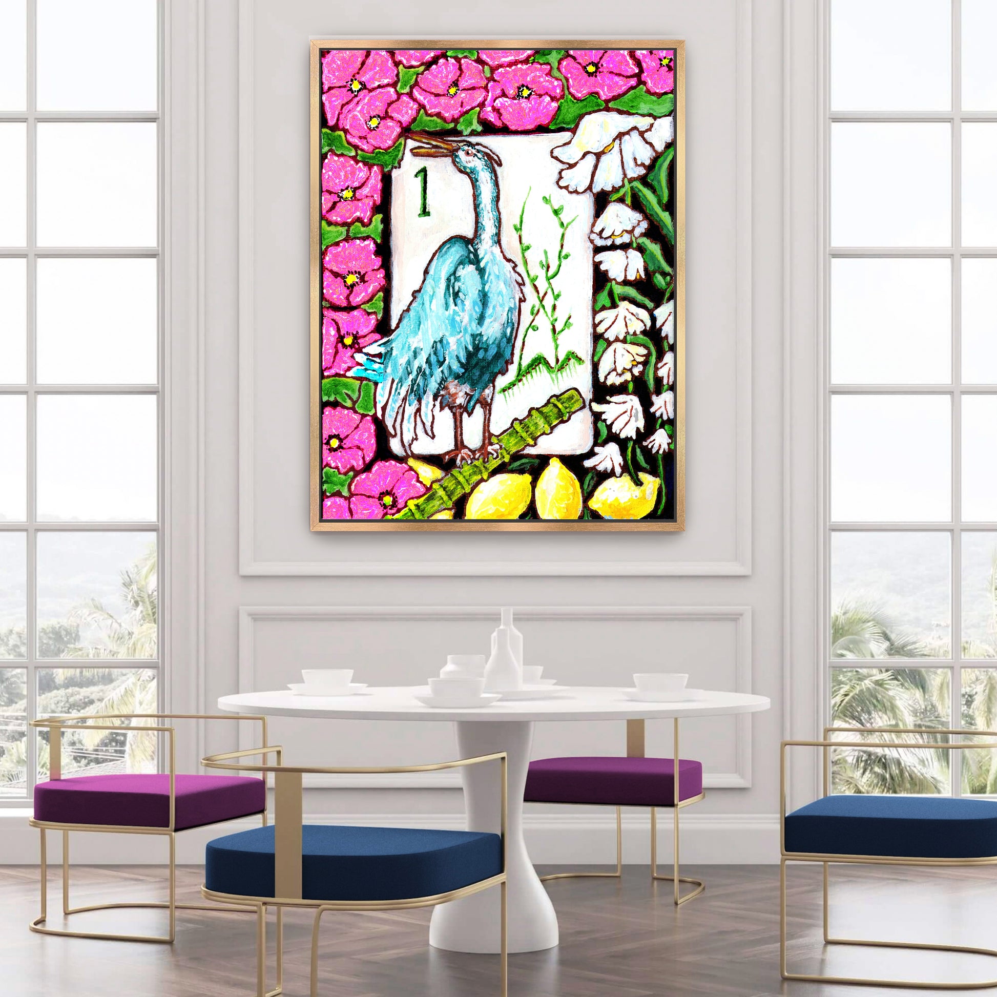 A beautiful painting  of a heron among flowers and lemons inspired by a vintage Bird Bam Mahjong Tile is perfect art for a Mahjong Game Room. 
