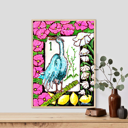 A beautiful painting  of a heron among flowers and lemons inspired by a vintage Bird Bam Mahjong Tile is perfect art for a Mahjong Game Room. 